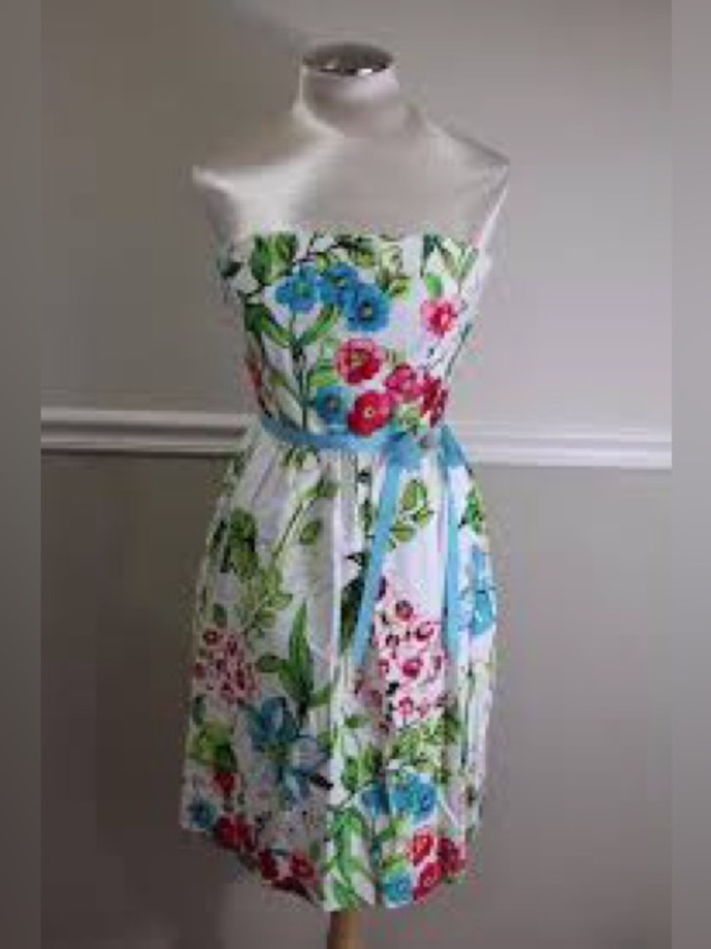 David Meister White Strapless Floral Dress with Blue, Pink & Green Accents